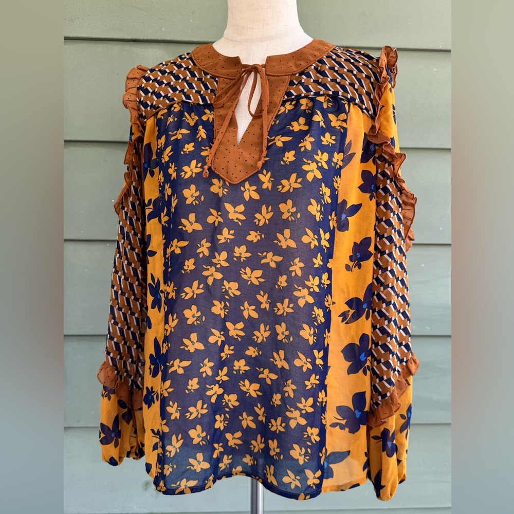 CAbi Blue and Orange Ruffled Tie Front Blouse